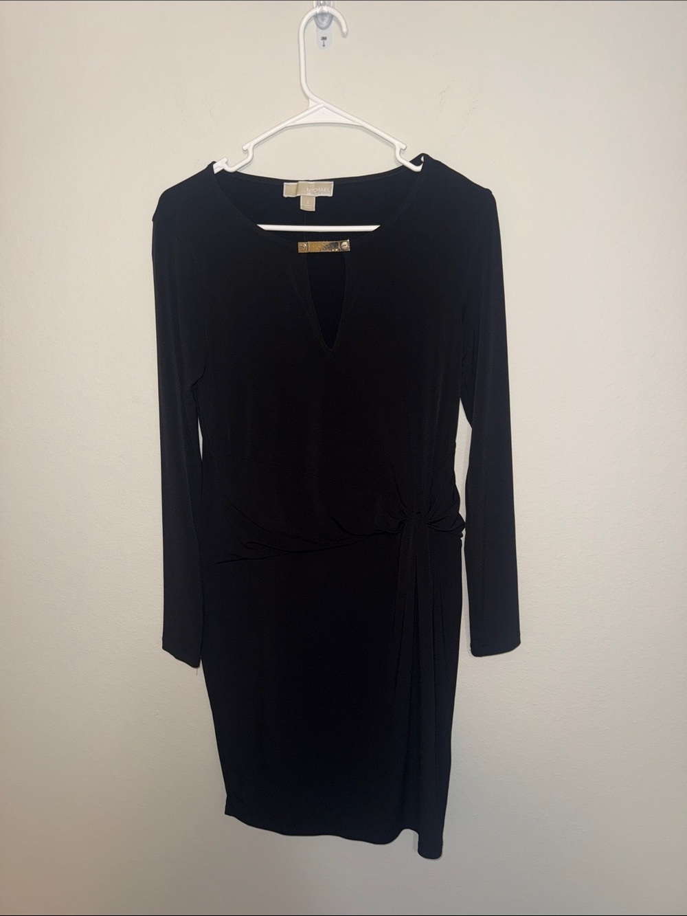 Michael Kors Black Long-Sleeve Faux Wrap Slinky Knot Detail Dress - Small